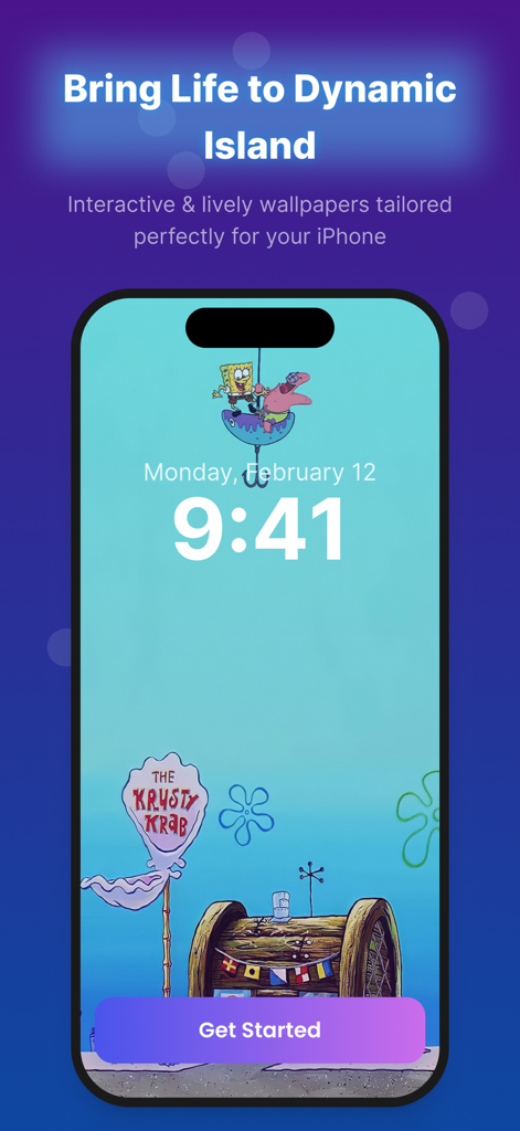 Ai AnyText - Any Text Widget - An iPhone lock screen featuring a cartoon wallpaper that interacts with the Dynamic Island and a Get Started button