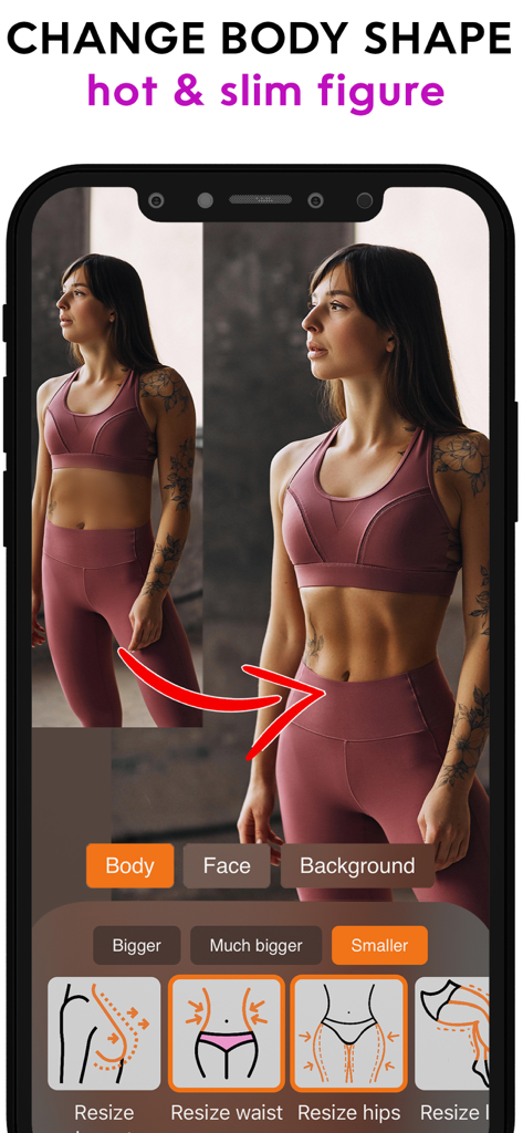 Face & Body Editor: Retouch Do - Captura de pantalla de la aplicación Retouch Do que muestra funciones de edición de la forma del cuerpo para una figura esbelta