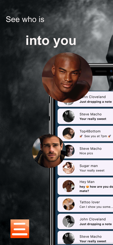 NextBoy - Gay Chats & Dating - Captura de pantalla de la aplicación NextBoy que muestra una lista de perfiles masculinos bajo el encabezado Ve quién está interesado en ti