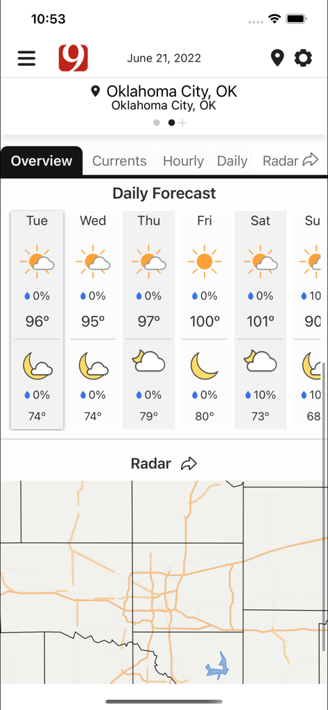 News 9 Weather app interface showing daily temperature forecasts and a local radar map for Oklahoma City