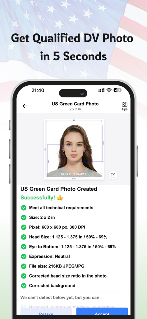 Green Card Photo US VISA - Un écran de smartphone montrant une photo de visa américain de 2x2 pouces créée avec succès avec une liste de contrôle des exigences techniques.