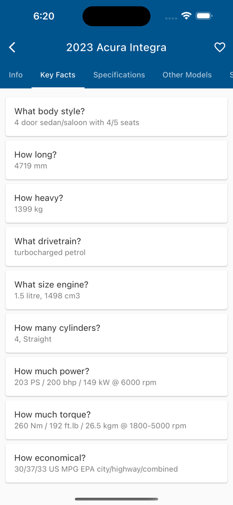 Pantalla que muestra especificaciones técnicas y datos clave para un Acura Integra 2023, incluido el tamaño del motor, la potencia y el par.