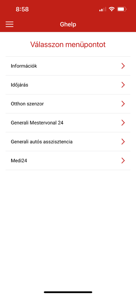 Generali Ügyfélpont - 気象警報とロードサイドアシスタンスを備えたGeneraliアプリのGhelpサービスメニュー