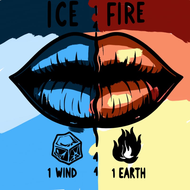 realistic lip split in fourth . 1 fourth ice 1 fire 1wind 1 earth