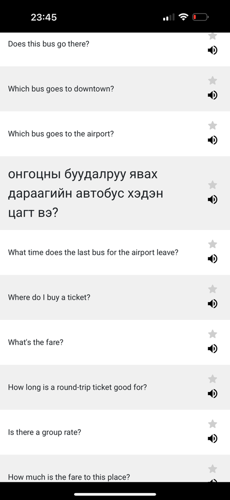 A list of English transportation phrases with Mongolian translations in the Toli App interface