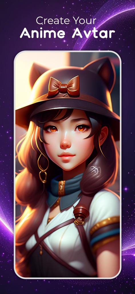 Un avatar de anime generado por IA de una chica con orejas de gato en su sombrero y ojos rojos expresivos.