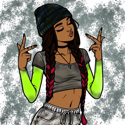 realistic teenage girl with braids and a beanie and crop top doing 🫶🏼