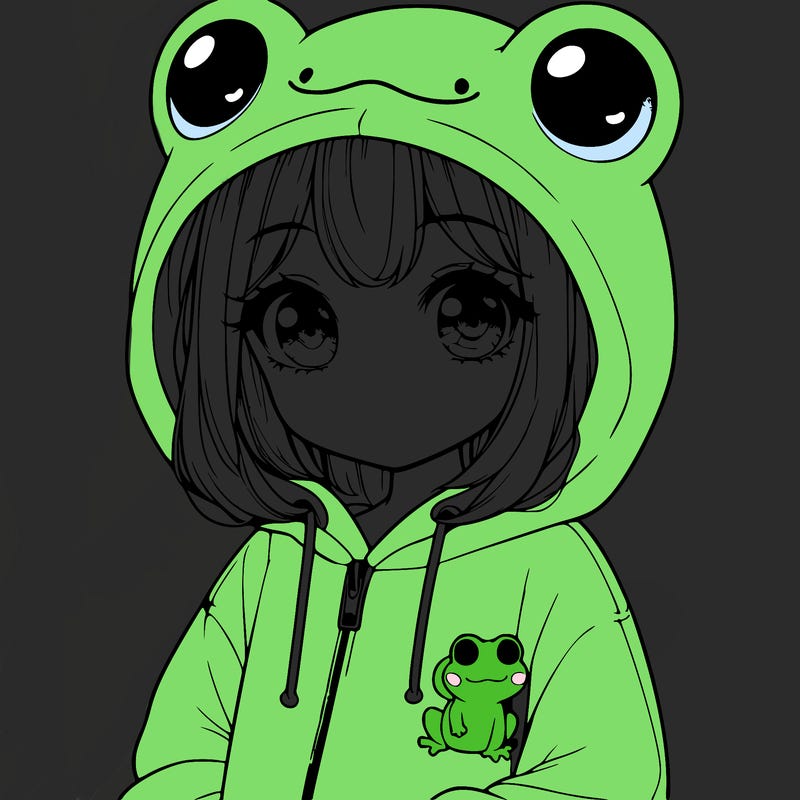 cute realistic girl in a froggy hoodie