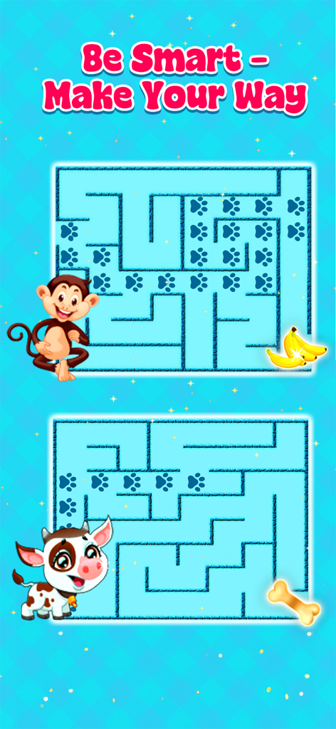 Kiddo Space Toddler Training - Two interactive maze puzzles for toddlers featuring a monkey and a cow in the Kiddo Space app