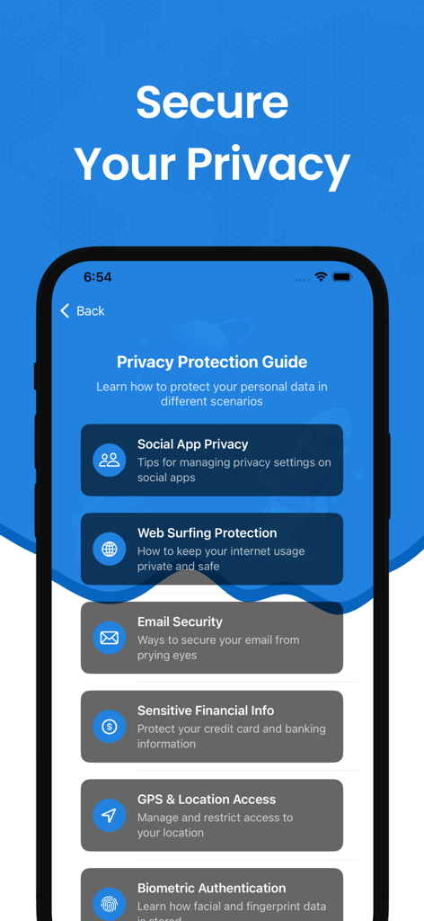 Seal VPN Privacy Protection Guide interface showing security options for social apps, web surfing, and financial information