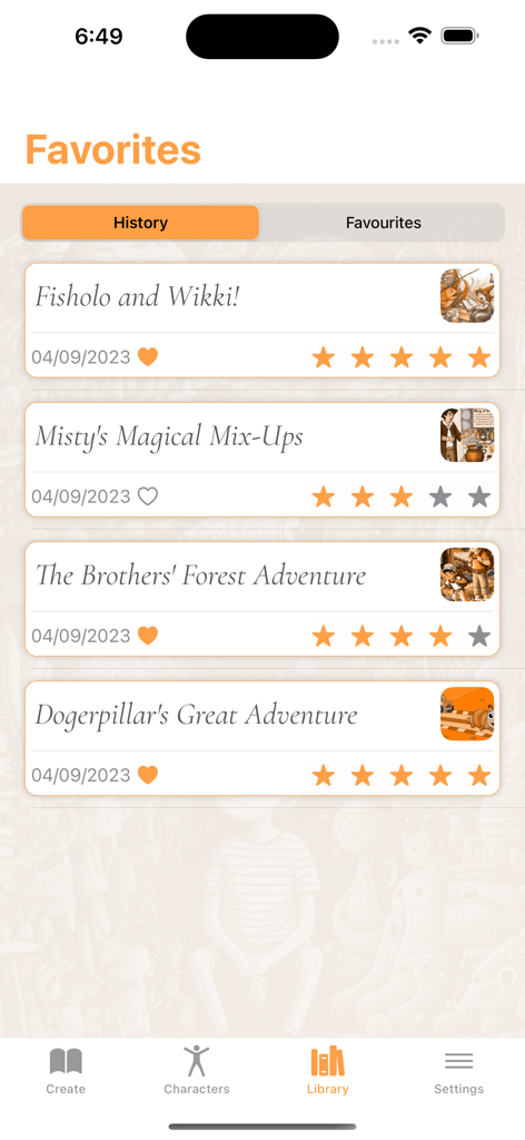 AI Stories For Kids - A screen showing a library of generated bedtime stories with titles and ratings.
