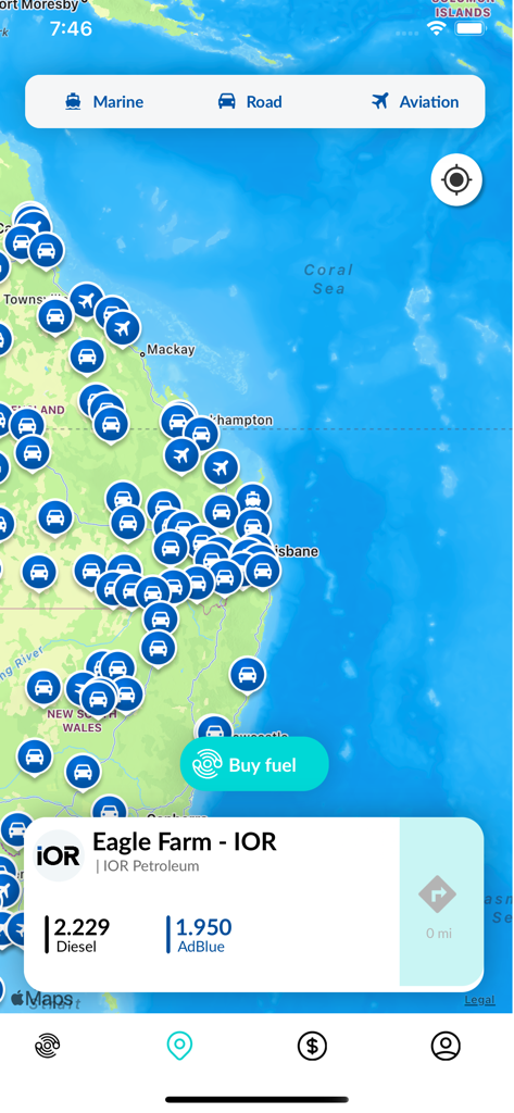 FuelCharge - Kartenansicht der FuelCharge-App, die Tankstellen für Straße, Marine und Luftfahrt in ganz Australien zeigt