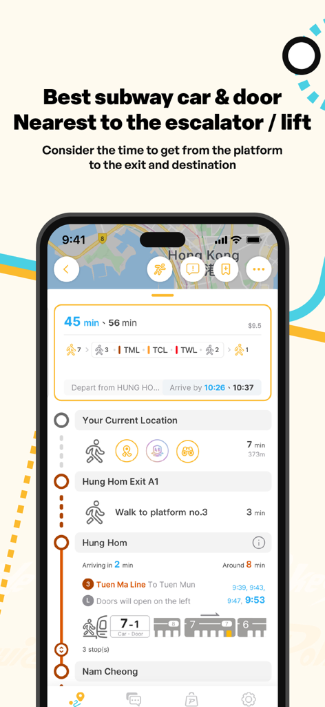 Pokeguide - Your transit guru! - Pokeguide app screen showing the best subway car and door recommendation nearest to the escalator for efficient transit in Hong Kong