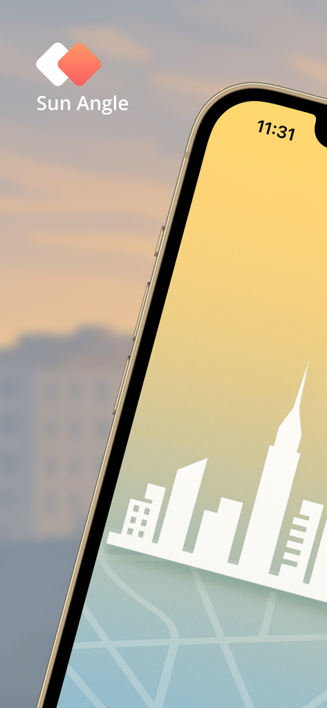 Sun Angle Pro - Aplicación Sun Angle Pro con un horizonte urbano estilizado y un fondo temático del sol en un dispositivo móvil.