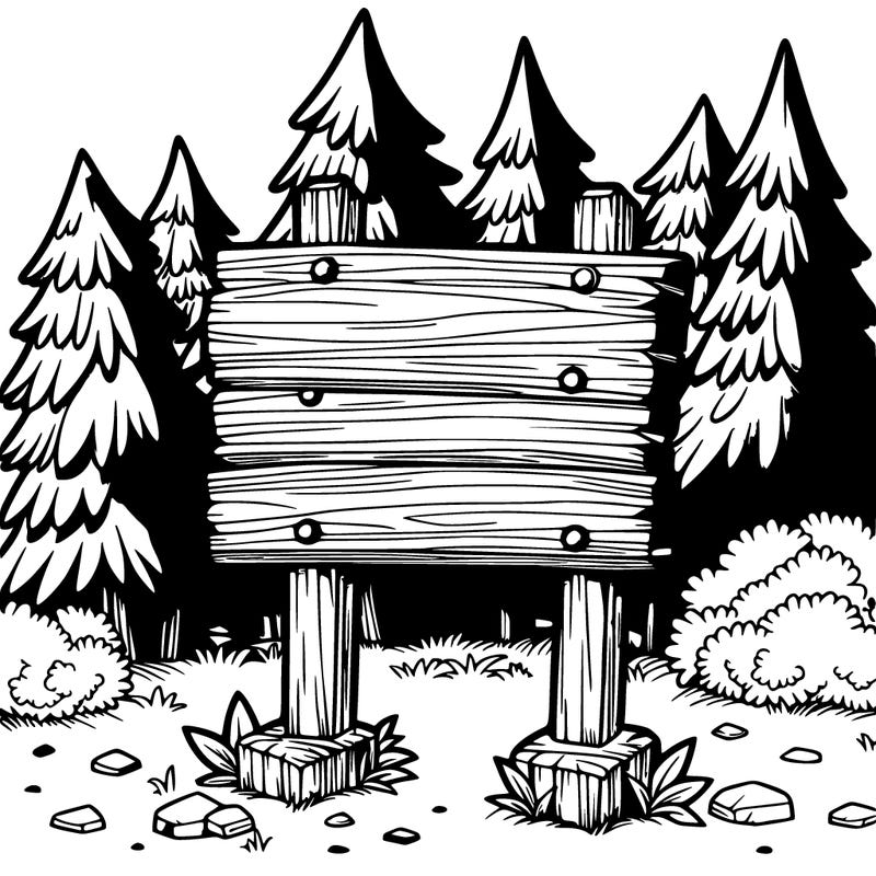 a realistic and detailed wooden sign in a forest