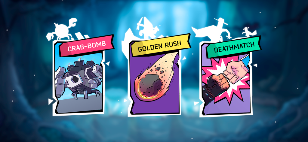 Auswahl von drei Spielmodi in Fury Wars Online, darunter Crab Bomb Golden Rush und Deathmatch