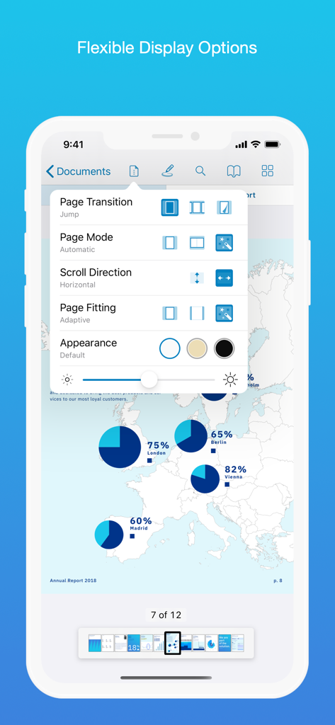 PDF Viewer by Nutrient - PDF Viewer app interface showing flexible display options including page mode scroll direction and appearance themes