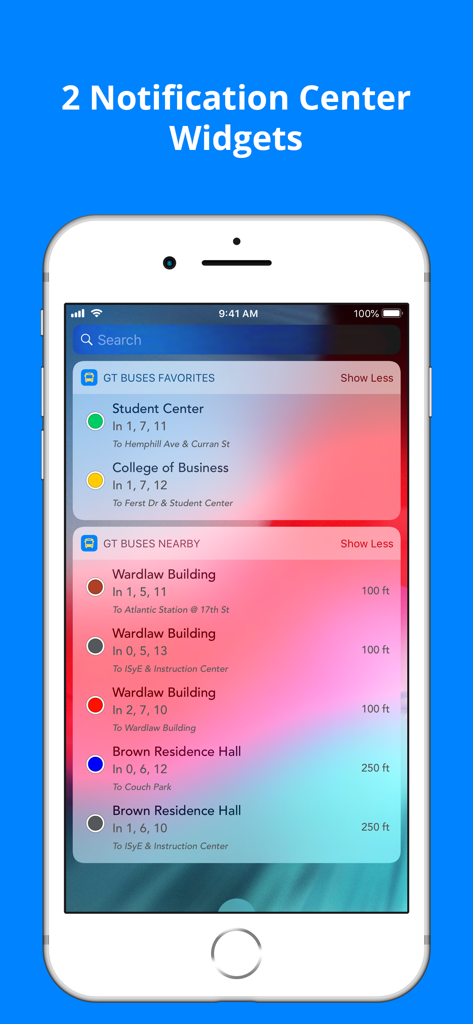 GT Buses - GT Buses iOS notification center widgets showing real-time bus arrival predictions for Georgia Tech campus