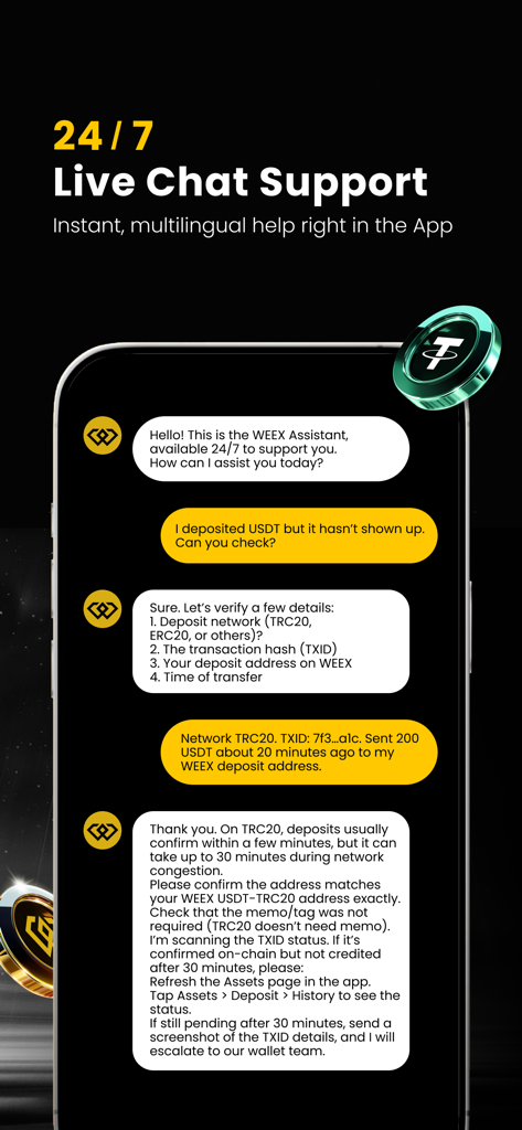 WEEX crypto exchange app interface showing 24 7 live chat support with a virtual assistant