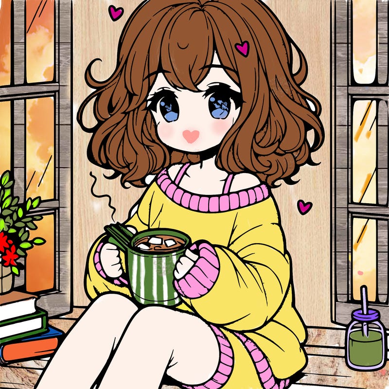 cute anime girl reading book and drinking hot chocolate from mug with loose wavy hair wearing a baggy sweatshirt and shorts sitting by windowsill looking out