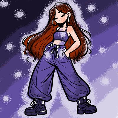 girl in baggy pants crop top and long hair