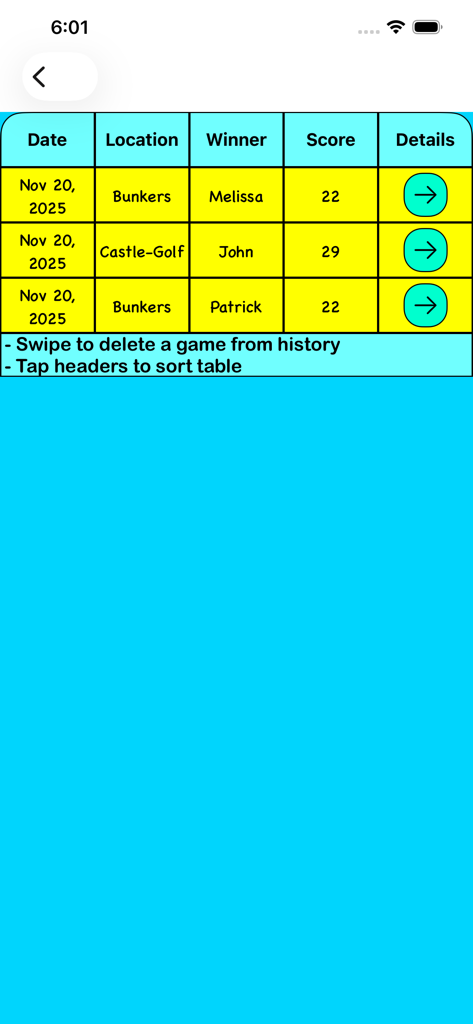 Mini-Golf Score Card - A digital scorecard history table showing past mini-golf games with dates, locations, winners, and final scores.