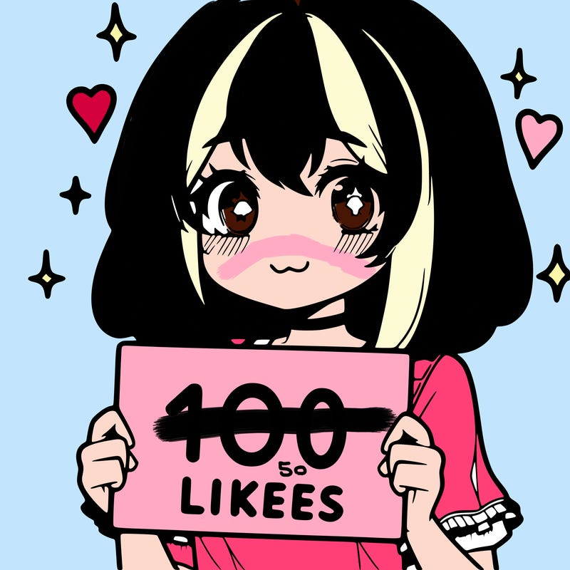anima girl holding a 100 likes sign in her hand