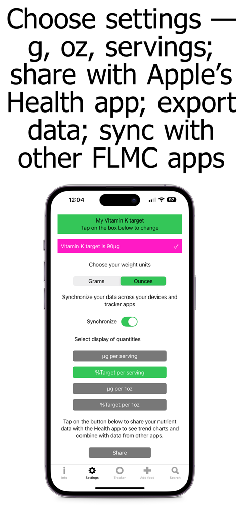 Settings screen of the Vitamin K Counter and Tracker app showing measurement units and data sync options.
