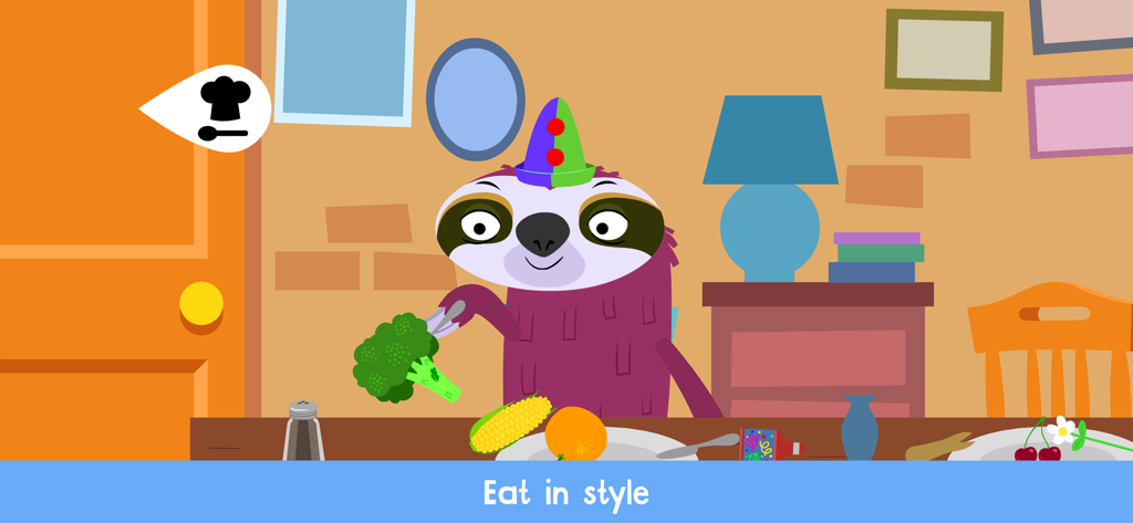 Un bradipo stilizzato che indossa un cappello da festa seduto a un tavolo con verdure