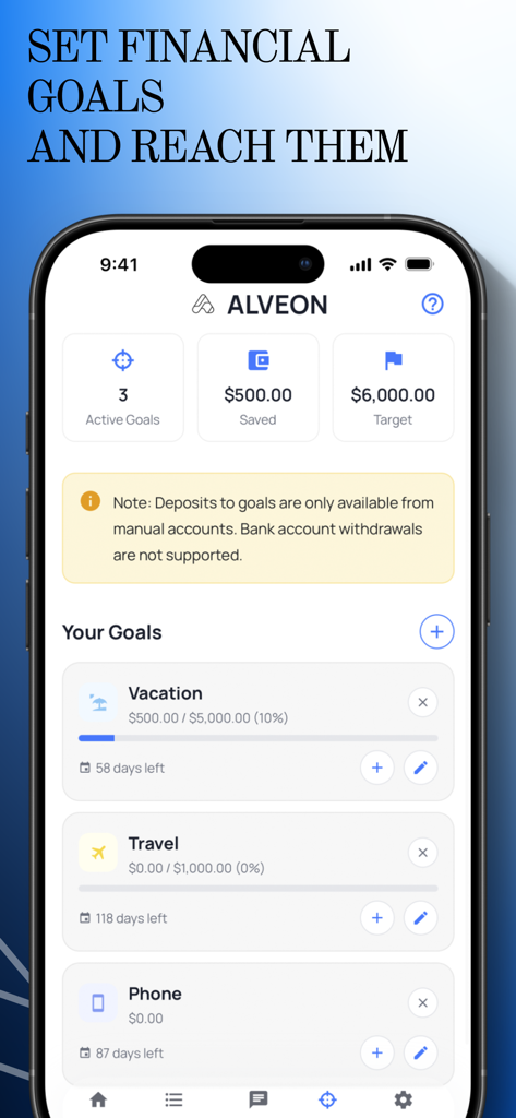 Alveon: Expense & Income Track - Alveon app interface showing progress bars for financial savings goals like vacation and travel