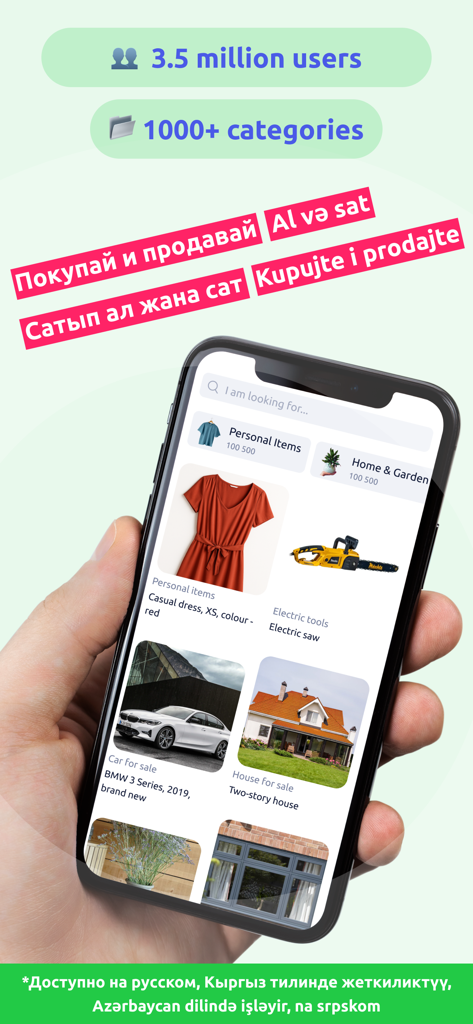 lalafo: AI Online Marketplace - Hand hält ein Smartphone, das die lalafo KI-Marktplatz-App mit verschiedenen Kategorien wie Autos, Elektronik und Immobilien anzeigt