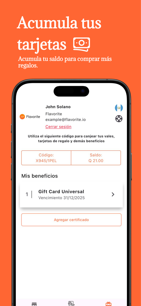 Flavorite - Tela do aplicativo móvel Flavorite mostrando o perfil do usuário com saldo de vale-presente e informações de recompensas