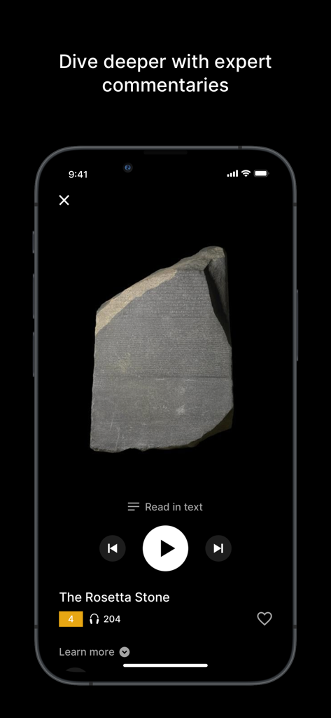 British Museum Audio - British Museum Audio app interface displaying the Rosetta Stone with audio commentary playback controls.