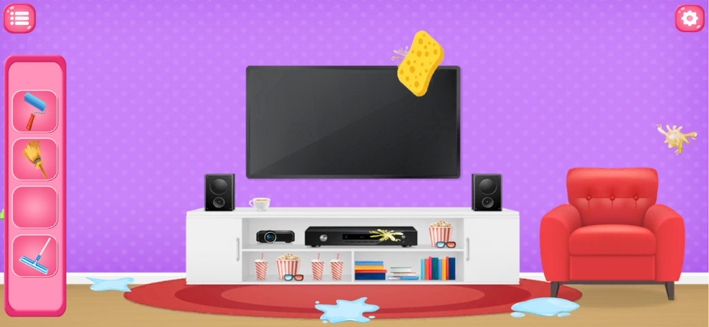 Doll Home: ASMR Cleaning Games - A living room scene in Doll Home ASMR Cleaning Games featuring a red armchair and cleaning tools to remove stains