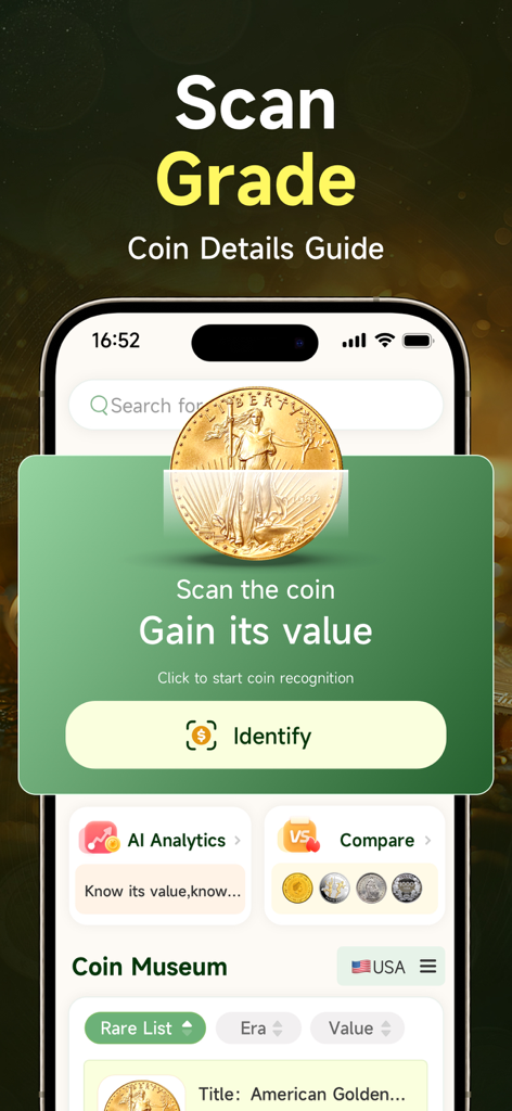Go Coin Identifier: Coin Value - Go Coin Identifier app interface showing a gold coin being scanned for value