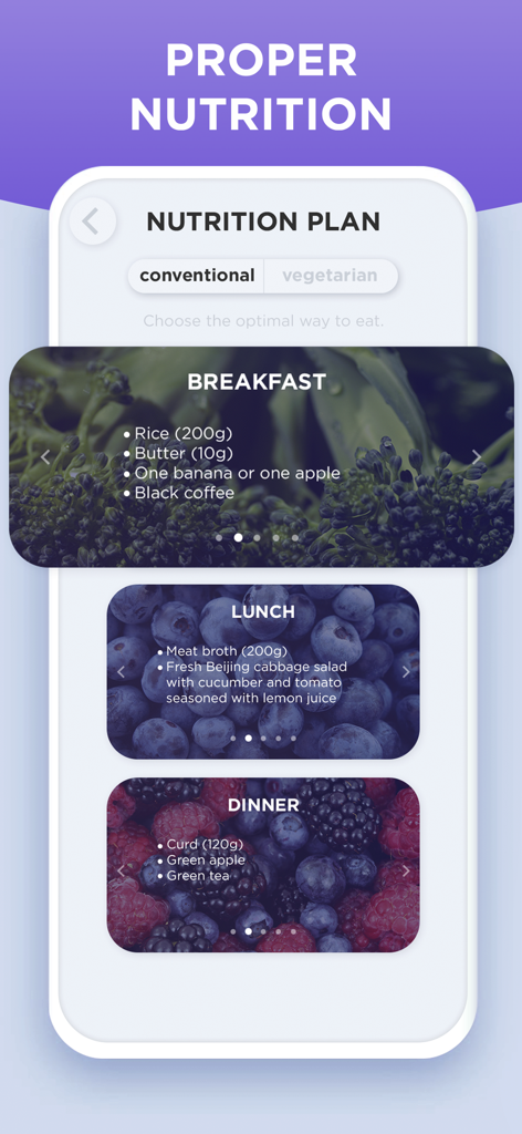 ZuFit: Home Workout for Women - ZuFit app screenshot showing a nutrition plan with daily meal suggestions for breakfast lunch and dinner