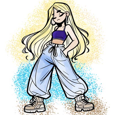 girl in baggy pants crop top and long hair
