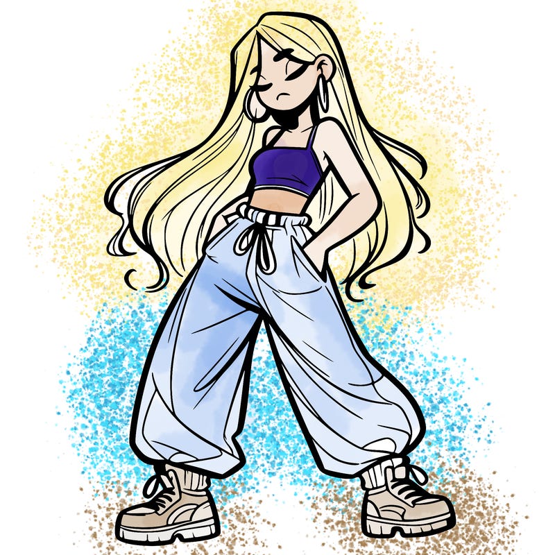girl in baggy pants crop top and long hair