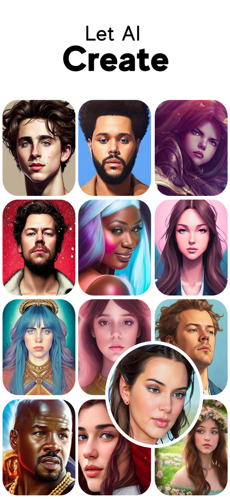 Dreams AI Art Generator - A grid of diverse AI-generated avatars and portraits in various artistic styles with the header Let AI Create