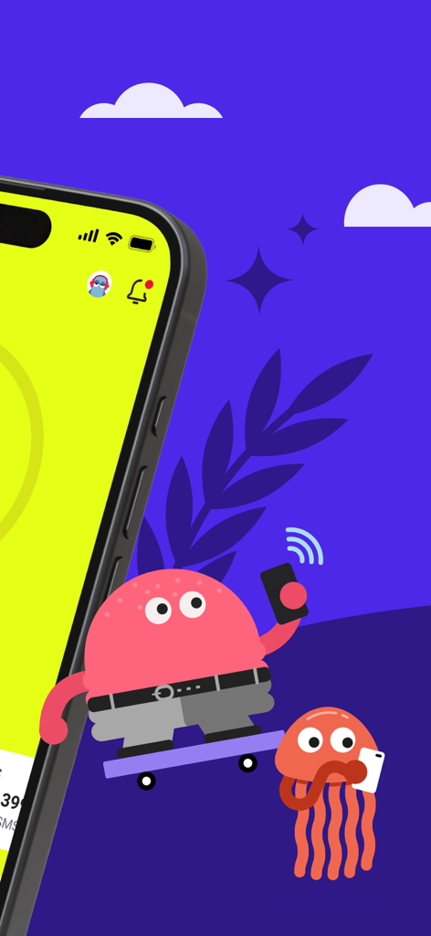 GOMO by Singtel mobile app interface with playful characters using smartphones.