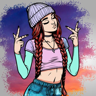 realistic teenage girl with braids and a beanie and crop top doing 🫶🏼