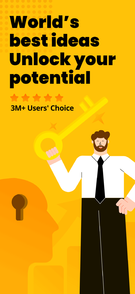 Bookey: Book Ideas for Growth - A promotional graphic for the Bookey app featuring a man holding a golden key with the text Unlock your potential and a five star rating.