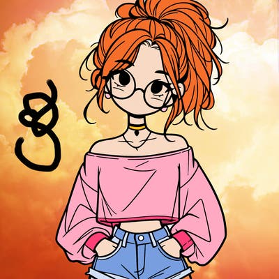 girl with a messy ponytail glasses a baggy crop top and jean shorts