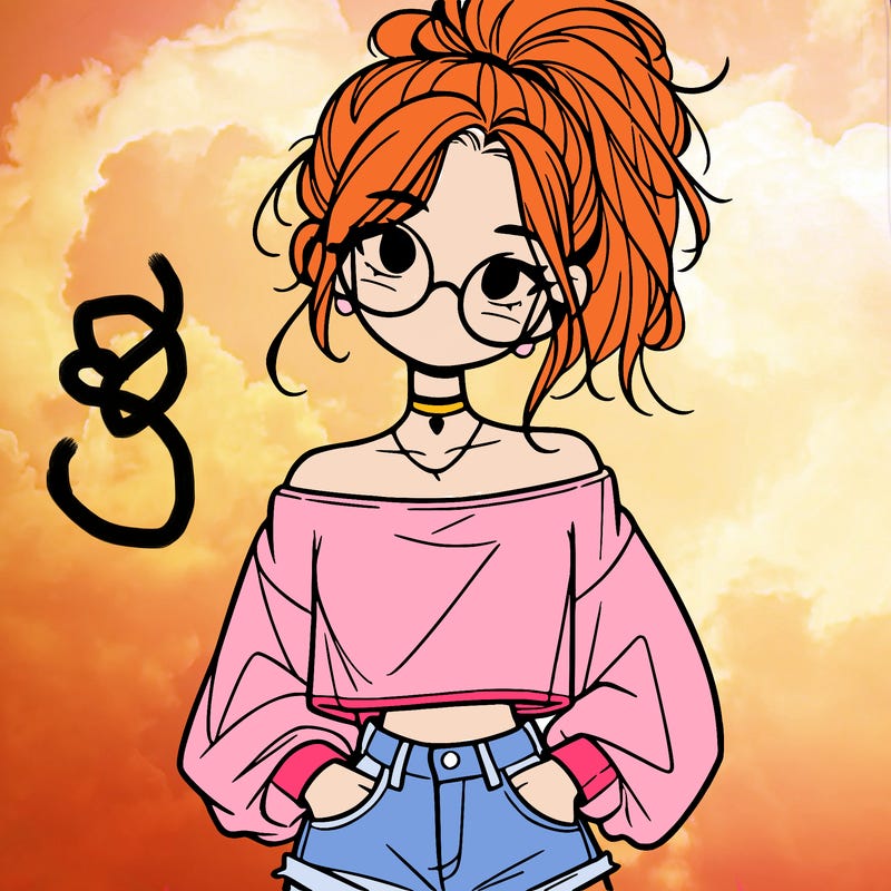 girl with a messy ponytail glasses a baggy crop top and jean shorts