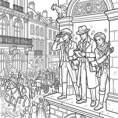 Immerse yourself in a bygone era with this captivating coloring page featuring three historical observers discreetly witnessing a grand event. Observe their period attire and the bustling vintage street parade unfolding before them, ready for your creative touch.