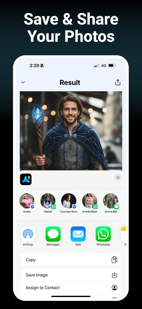 PaintIt AI: AI Image Generator - Interfaz de la aplicación PaintIt AI mostrando cómo guardar y compartir un retrato de fantasía generado por IA