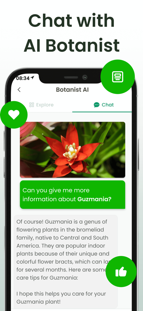 Plant Identifier: Plantiary - グズマニア植物についてAIの植物学者と会話しているモバイルインターフェース。