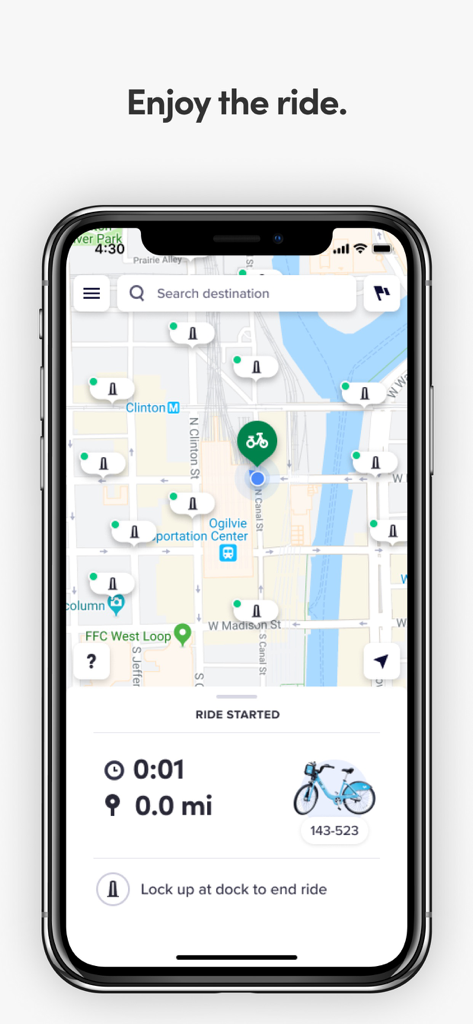Divvy Bikes - Divvy Bikes app interface showing a ride in progress with a map of bike stations in Chicago