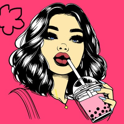 realistic girl with glossy lips holding boba
