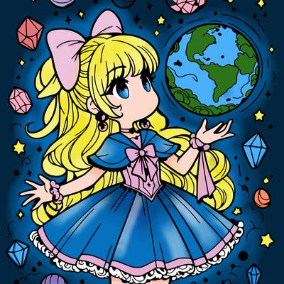 magical girl with floating orb in hand  crystals everywhere.